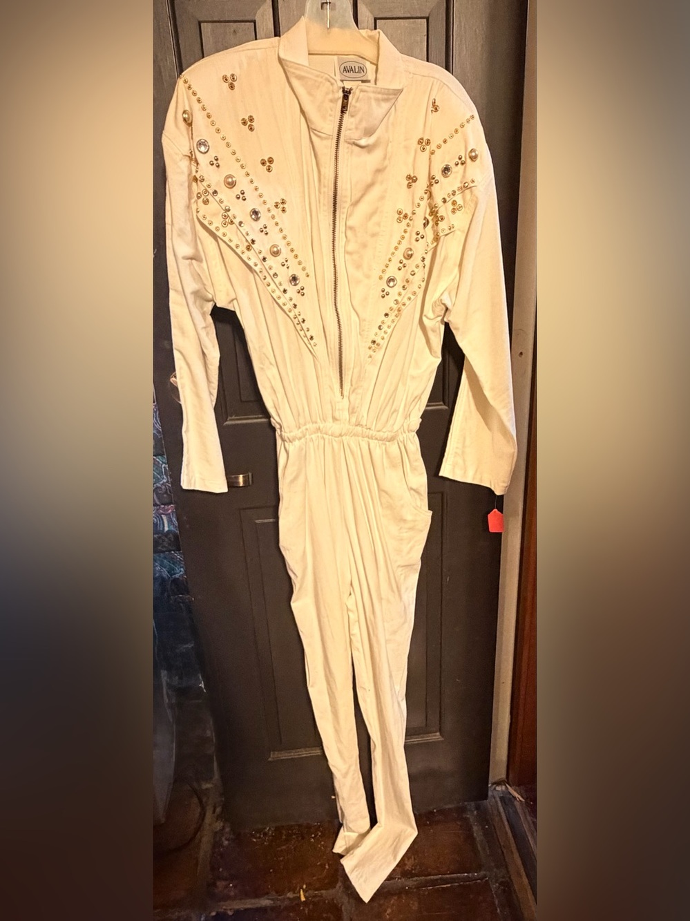 Vintage 80s Avalin White Denim Jumpsuit Studded Pearls Large Retro